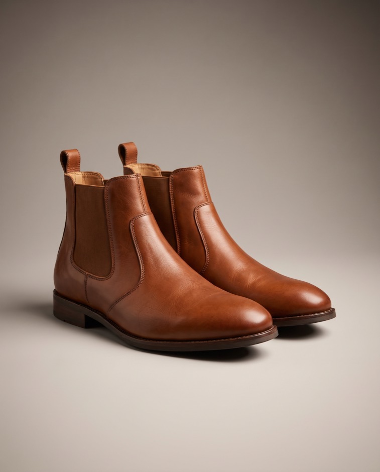 A pair of Nord Harbor cognac leather Chelsea boots at a three-quarter angle
