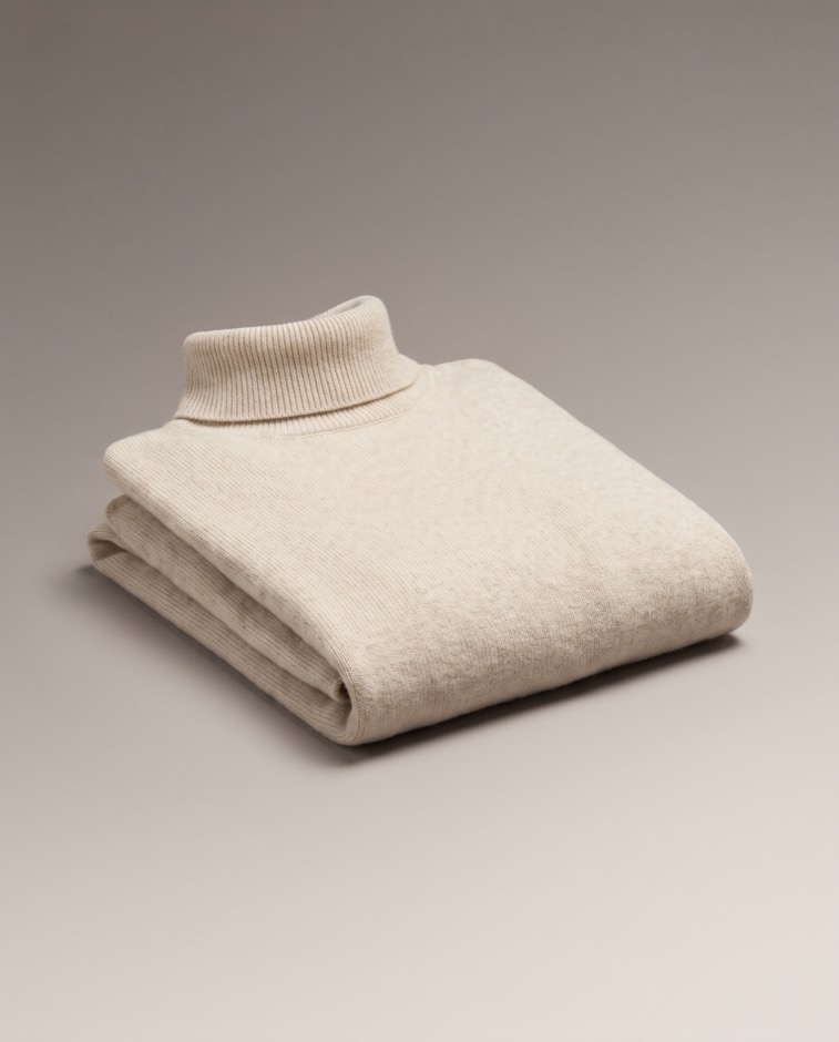 Nord Drift oat rollneck sweater folded on a neutral surface